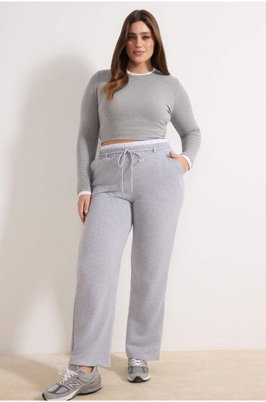 Gray Melange Buy Poplin Detailed Lace-Up Wide Leg Large Size Sweatpants