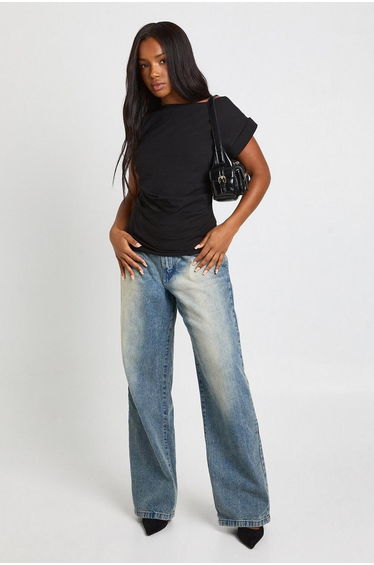 Jersey Cinched Waist Short Sleeve T-shirt - black