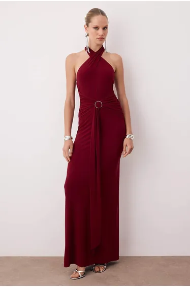 فستان تخرج/سهرة محبوك بإكسسوار بقصة مستقيمة سادة - أحمر