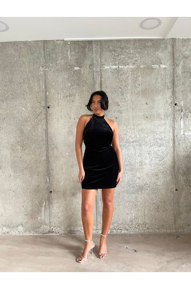 Black Rib-Velvet Halterneck Mini-Dress