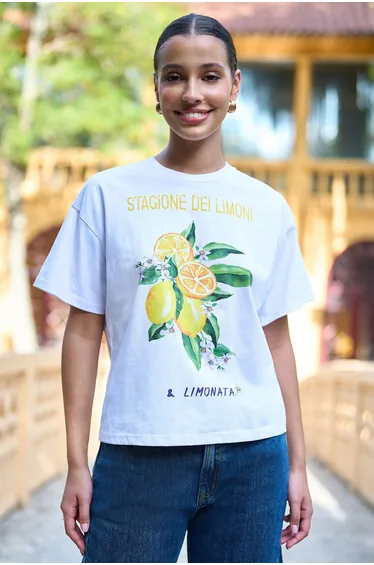 تيشيرت قطن بطبعة ليمون - أبيض