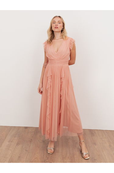 Anaya With Love Recycled Peach V Neck Midaxi Dress with Waterfall Ruffle Detail