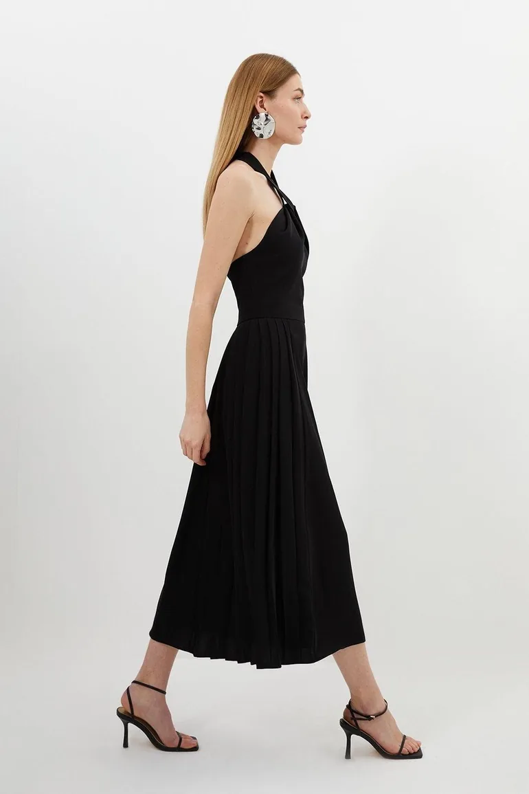 Soft Tailored Halter Tie Neck Pleat Detail Midaxi Dress - 2