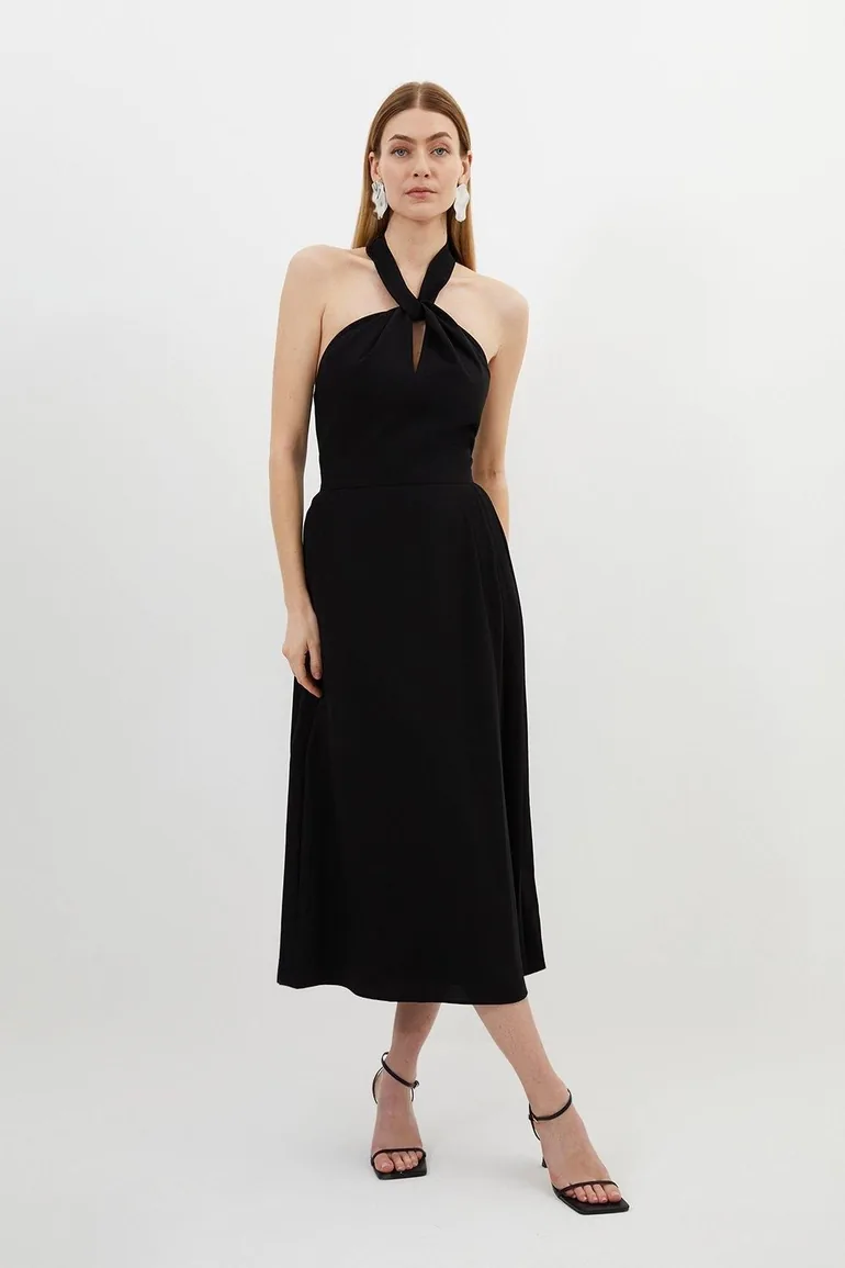 Soft Tailored Halter Tie Neck Pleat Detail Midaxi Dress