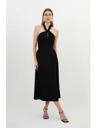 Soft Tailored Halter Tie Neck Pleat Detail Midaxi Dress