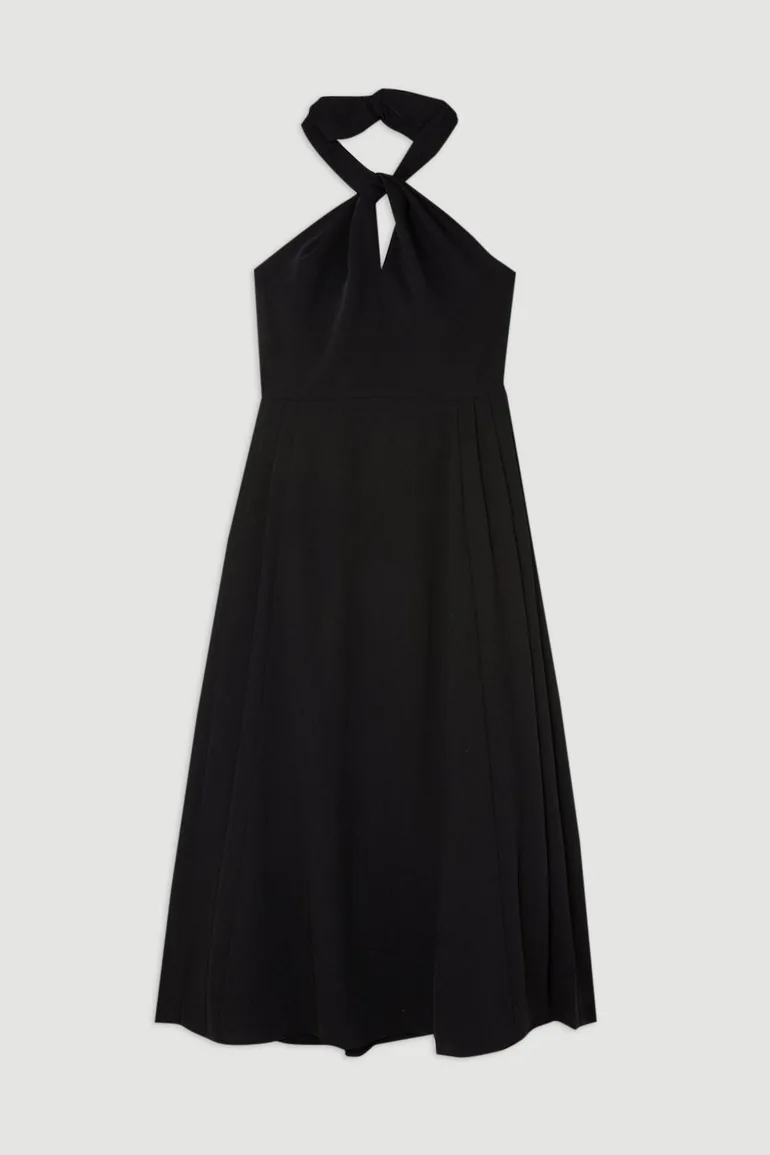Soft Tailored Halter Tie Neck Pleat Detail Midaxi Dress - 3