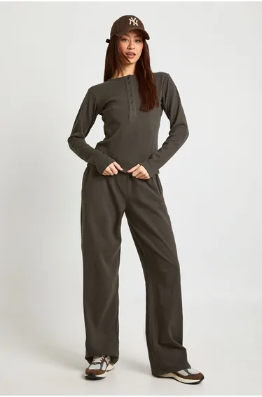 Tall Cotton Button Through Crew Neck Top & Trouser Co Ord - charcoal