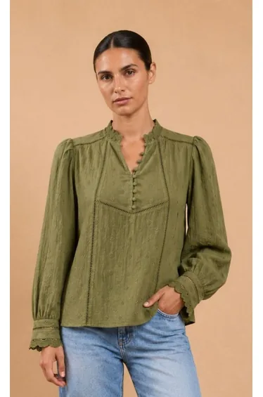 Green Schiffly Embroidered Cotton Top