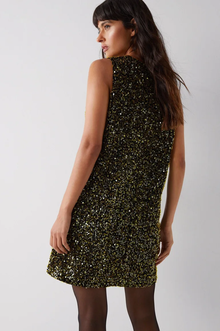 sequin v-neck shift dress CeCe Sequin V-Neck Shift Dress Champagne Silver Short Sleeve Clubbing Womens S
