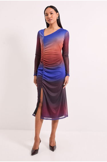 Ruched Draw Chord Detail Ombre Mesh Midi Dress