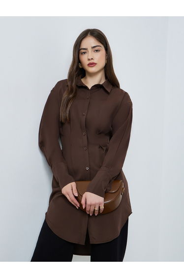 Brown Fold Pleat Longline Shirt