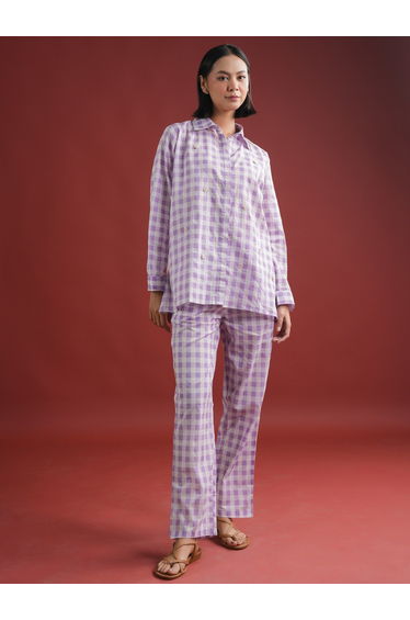 Women Purple Checked Pure Cotton Shirt and Trousers Co-Ords