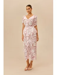 Date Night Beauty Pink Floral Lace V-neck Midi Dress - 4
