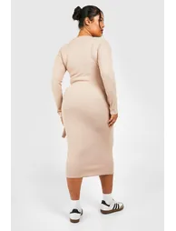 Plus Wide Rib Tie Midi Dress - mocha - 1