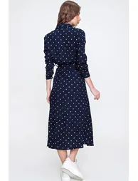 Women's Navy Blue Polka Dot Patterned Woven Viscon Shirt Dress - 1