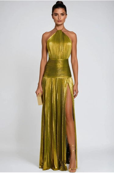 Syriona Halterneck Split Pleated Metallic Maxi Dress