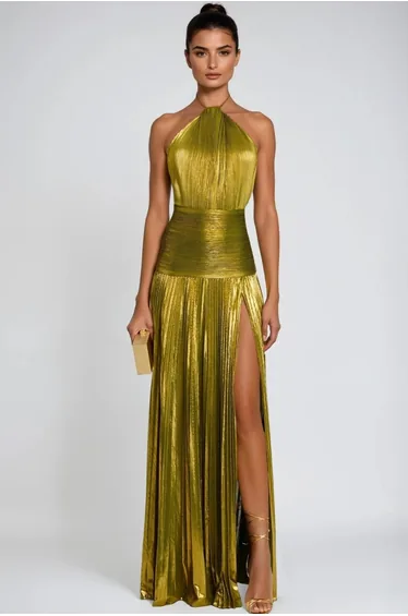 Syriona Halterneck Split Pleated Metallic Maxi Dress