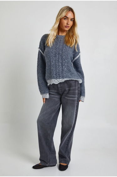 Textured Detail High Neck Jumper - charcoal