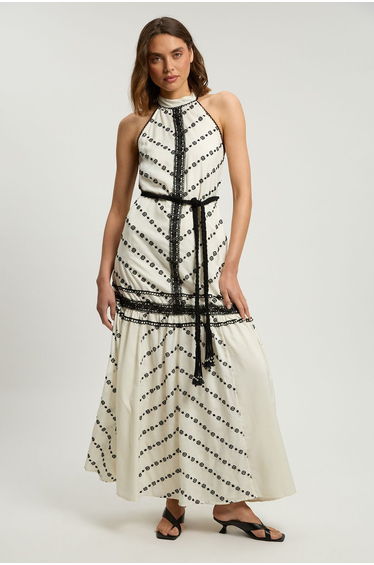 Contrast Detail Halterneck Midi Dress