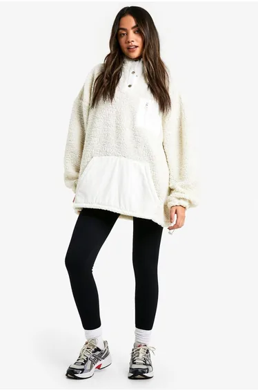 Popper Funnel Neck Oversized Borg Sweatshirt - cream
