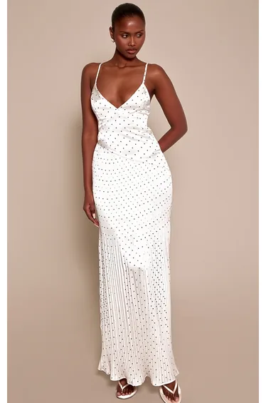 White Polka Dot V Neck Maxi Dress