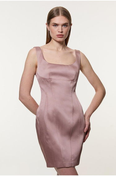 Viscose Satin Structured Tailored Seam Detail Mini Dress