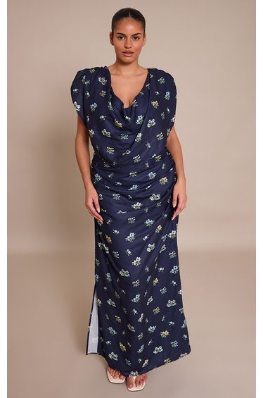 Plus Navy Floral Extreme Cowl Ruched Detail Maxi Dress