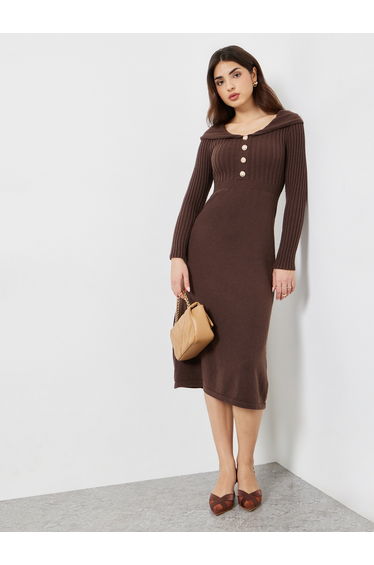 Brown Long Sleeves Sweater Midi Dress