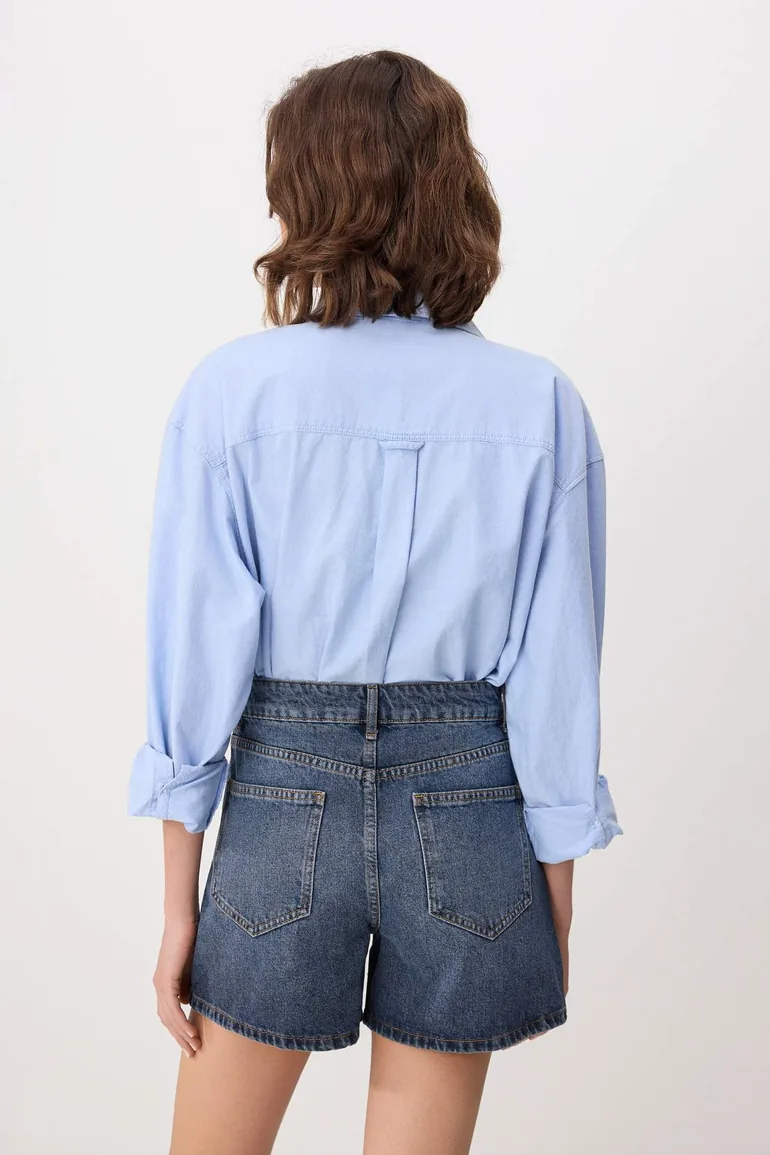 Dark Blue 100% Cotton High Waist Denim City Shorts - 2