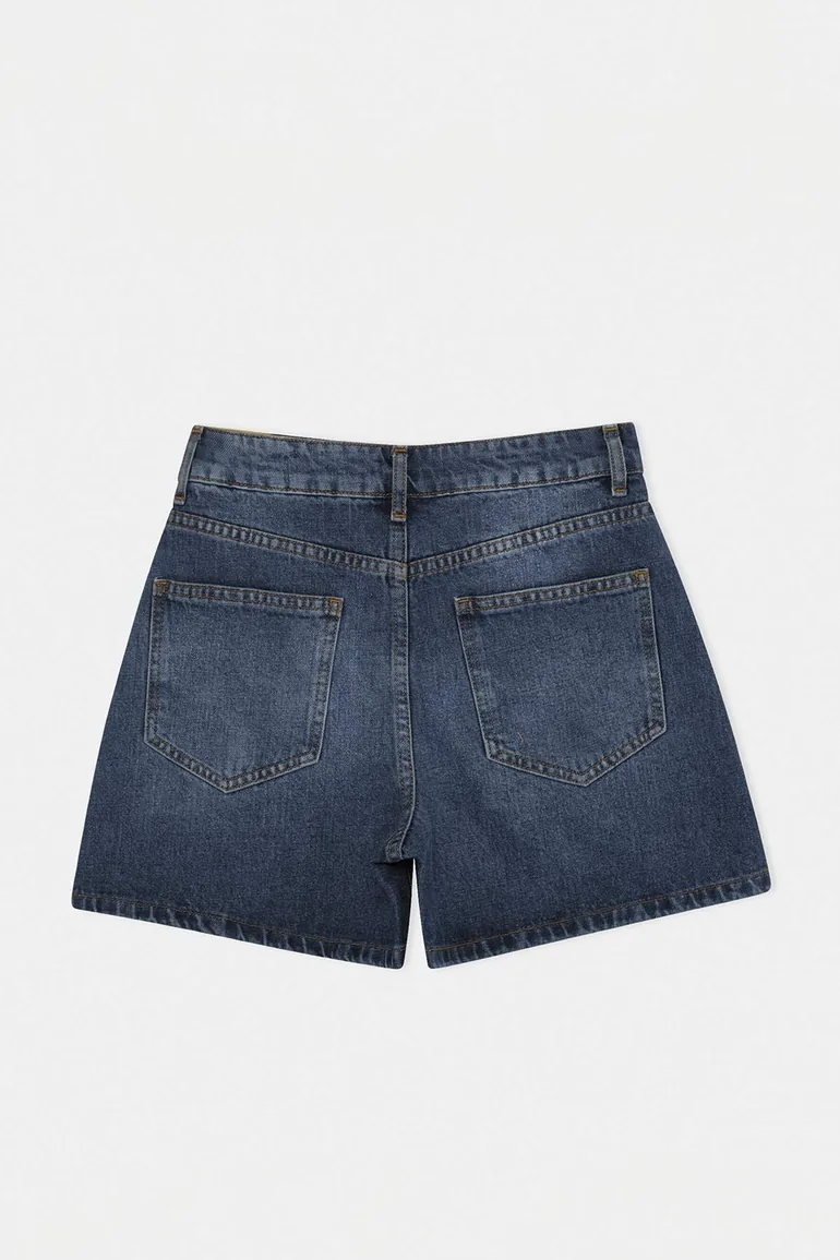 Dark Blue 100% Cotton High Waist Denim City Shorts - 7