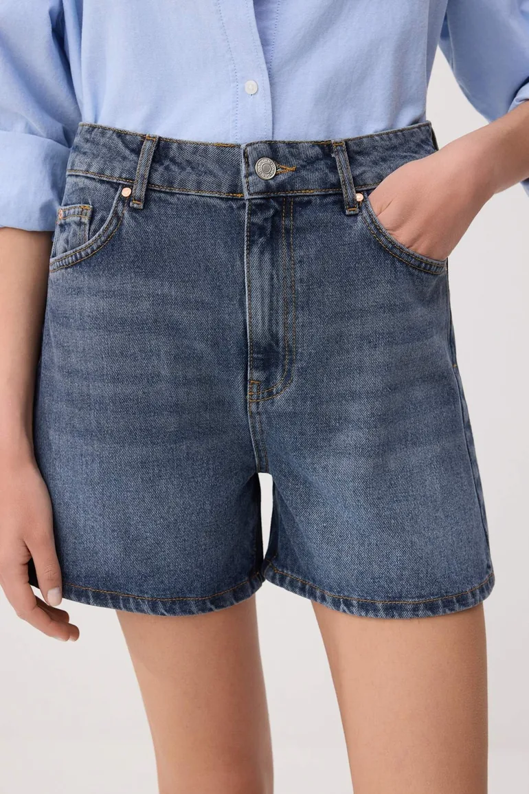 Dark Blue 100% Cotton High Waist Denim City Shorts - 3
