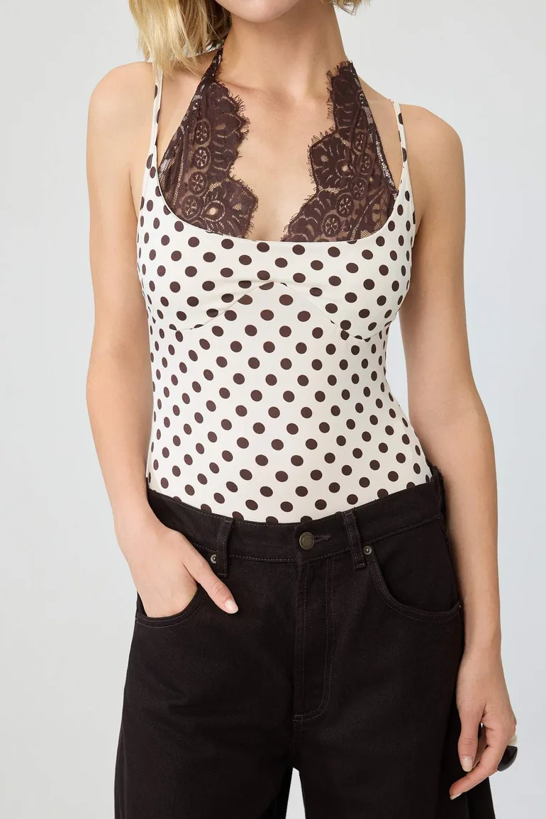 Ecru Polka Dot Fitted Pool Neckline Thin Straps Sleeveless Snap Fastener Stretch Knitted Bodysuit - 3