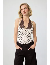 Ecru Polka Dot Fitted Pool Neckline Thin Straps Sleeveless Snap Fastener Stretch Knitted Bodysuit