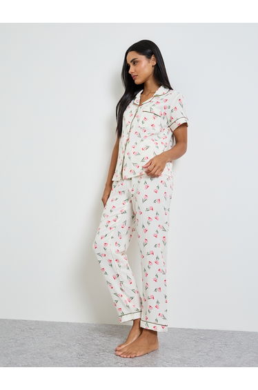 White Floral Print Shirt and Pyjama Set
