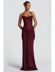 فستان ماكسي مزموم بياقة هالتر - أحمر