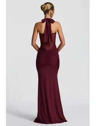 فستان ماكسي مزموم بياقة هالتر - أحمر - 1