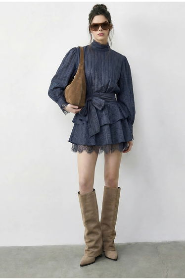 LUCCI Textured Mini Dress with Half Turtleneck and Lace Detail