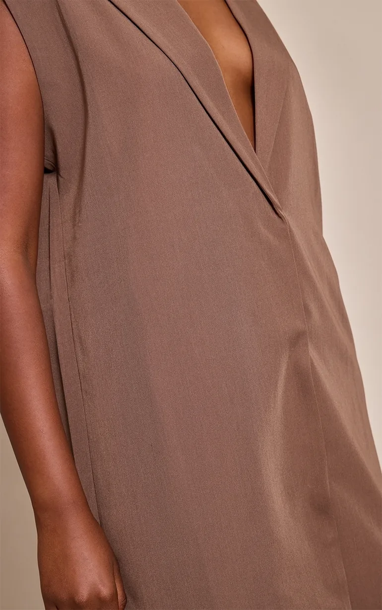 Woven Taupe Tailored Waist Coat Dress - 3