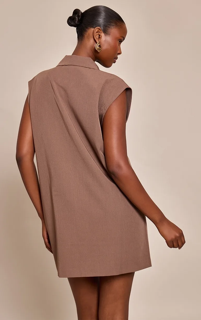 Woven Taupe Tailored Waist Coat Dress - 2