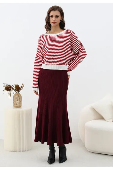 Open Back Bowknot Stripe Crop Knit Sweater in Red