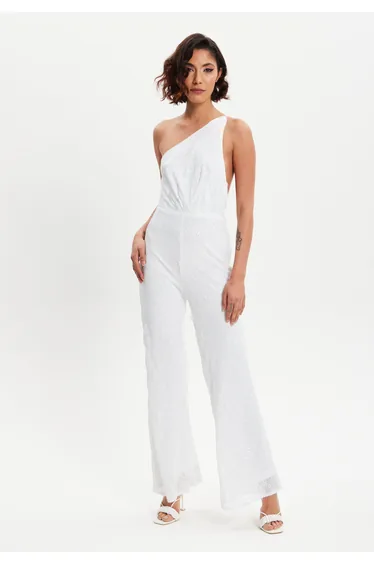 Women's One Shoulder Backless Sequin Jersey Jumpsuit