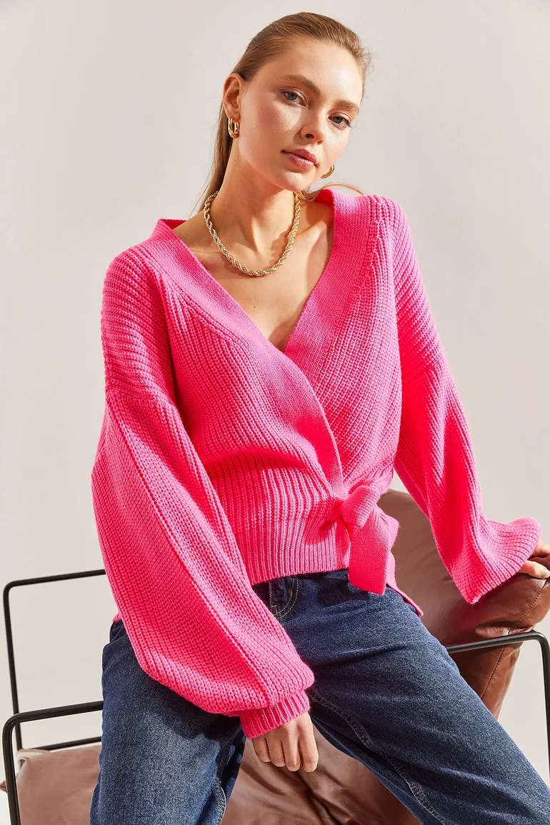 Women's Thessaloniki Braided Tie Detail Balloon Sleeve Knitwear Cardigan - 3