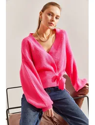Women's Thessaloniki Braided Tie Detail Balloon Sleeve Knitwear Cardigan - 3