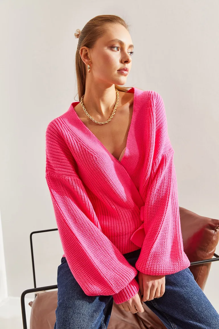 Women's Thessaloniki Braided Tie Detail Balloon Sleeve Knitwear Cardigan - 1