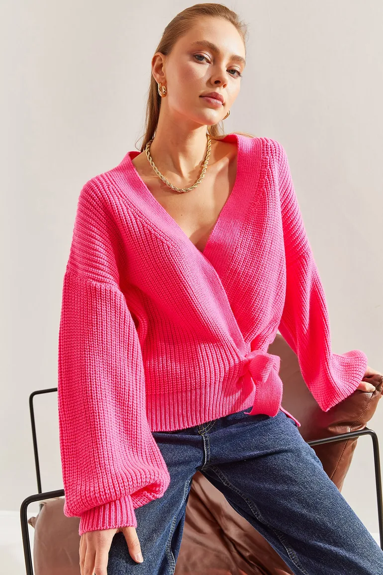 Women's Thessaloniki Braided Tie Detail Balloon Sleeve Knitwear Cardigan