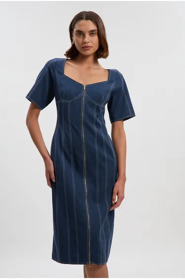 Tencel Cotton Contrast Stitch Zip Front Woven Midi Dress