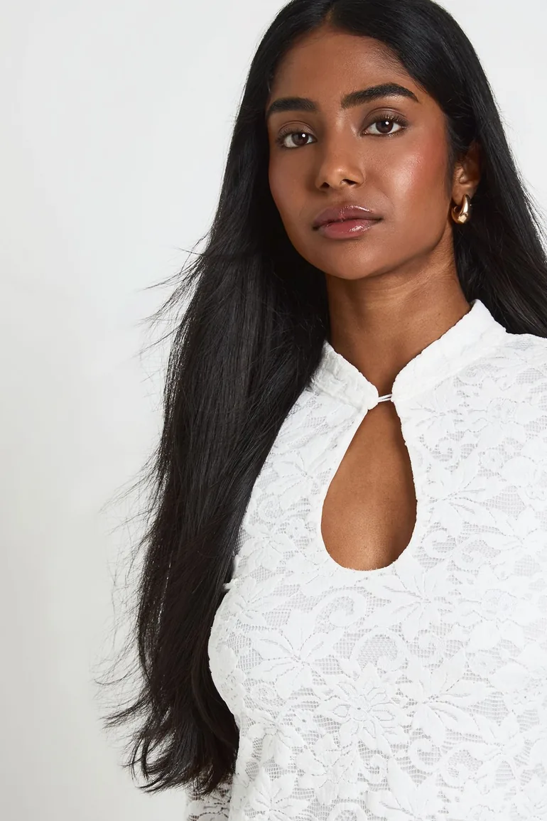 Premium Lace High Neck Mini Dress - ivory - 3