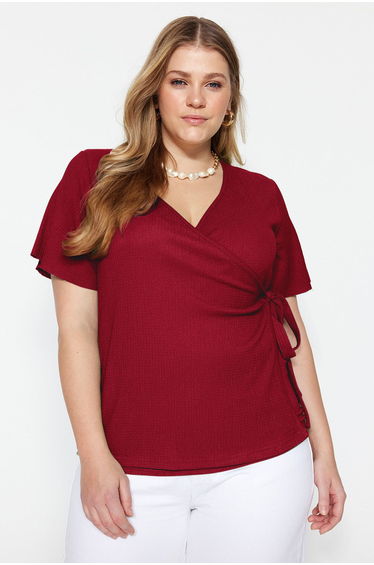 Red Crepe Double Breasted Knitting with Tie Detail Blouse