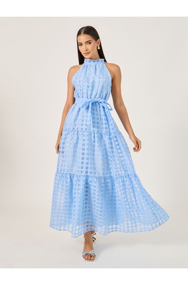 Mesh Inserted Halter Neck Tiered Maxi Dress