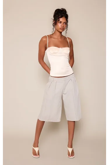 Grey Woven Pleat Detail Jorts